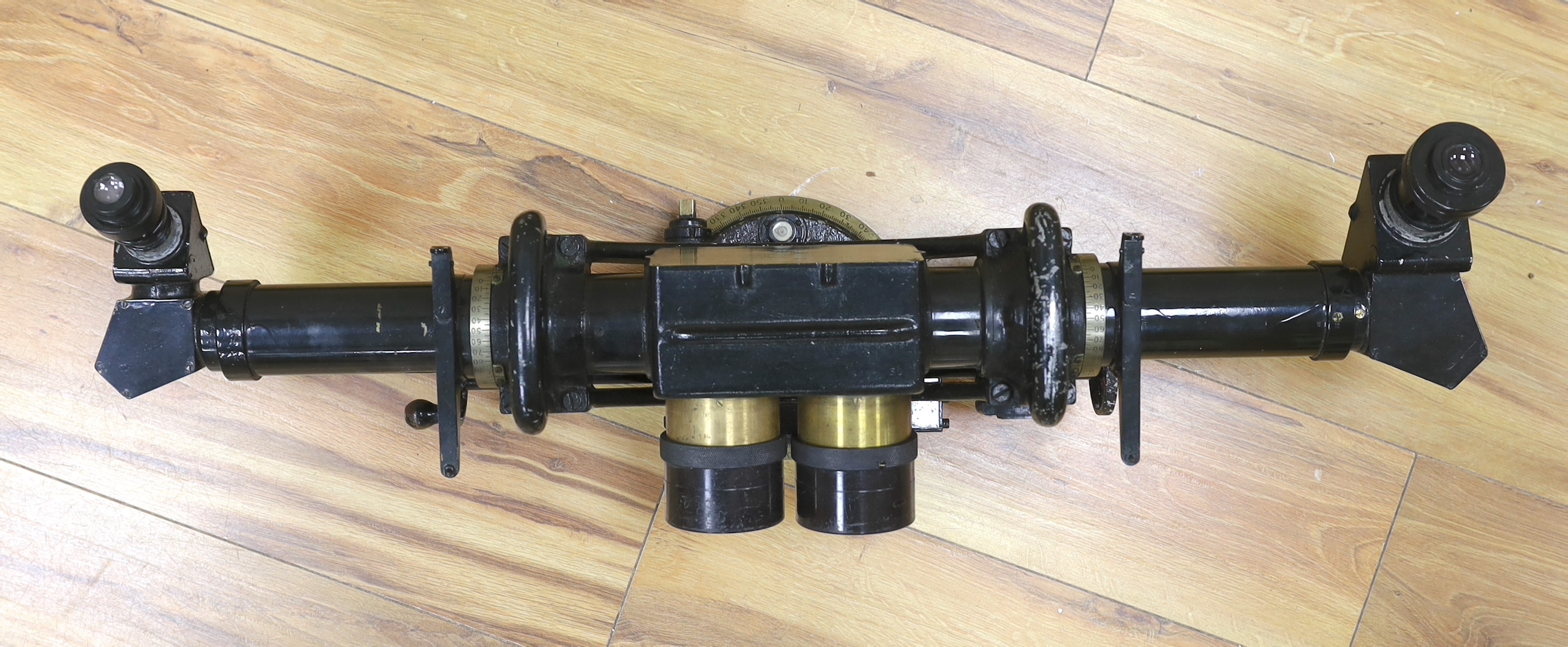 A WWII Telescope Identification A.A. Mk. III binocular sight (Rangefinder) in it’s original green-painted wooden transit case, case 88 x 30 x 35 cm